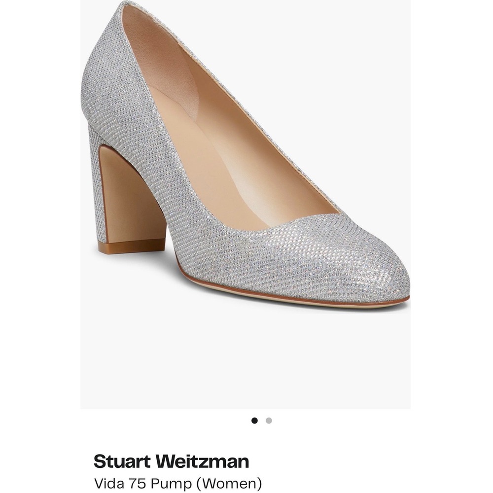 Stuart Weitzman Vida 75 Pump Silver Glitter Crystal Block Heel Shoes Women 8.5 B